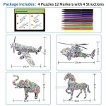 3D Coloring Puzzle Set 4 Pack Puzzles with 12 Pen Markers Arts and Crafts for Girls and Boys Age 6 7 8 9 10 11 12 Year Old. Fun Creative DIY Best Toys Gift for Girls and Boy