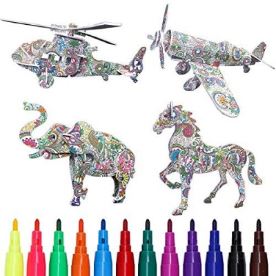 3D Coloring Puzzle Set 4 Pack Puzzles with 12 Pen Markers  Arts and Crafts for Girls and Boys Age 6 7 8 9 10 11 12 Year Old. Fun Creative DIY Best Toys Gift for Girls and Boy
