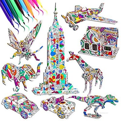 9 Pack 3D Puzzle Coloring Set Kids Art and Crafts DIY Activities Family Art Supplies Building Set Toys Drawing Pen Christmas Decoration Gift Model for Girls Boys Age 4 5 6 7 8 10 11 12 Years Old