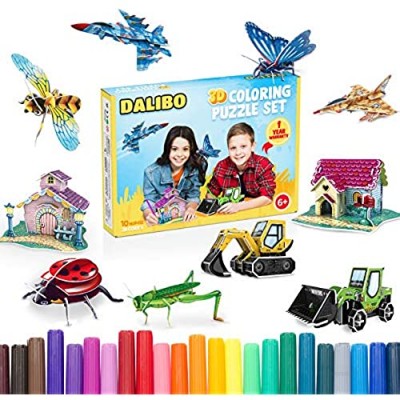 DALIBO 3D Coloring Puzzle Set - Arts and Crafts Set with 10 Cool Models  36 Coloring Pens - Fun & Educational Learning Activity Kit for Boys & Girls - Creative Gift Ideas & Supplies for Kids Age 6+