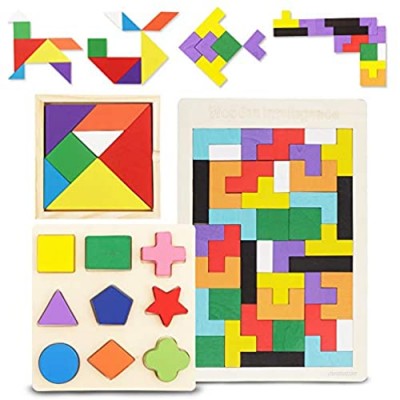 Wooden Russian Blocks Puzzle Shape Puzzles for Toddlers 1-4 Years Old Boys and Girls  Tangram Jigsaw Puzzle Brain Toy Stem Toys with Colorful 3D Montessori Educational Gift for Kids Toddlers.