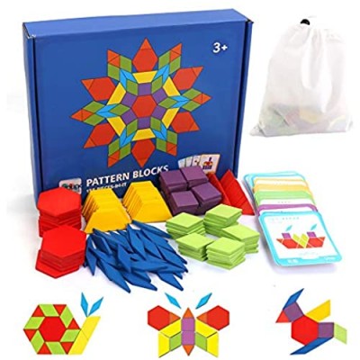 155 Pcs Wooden Pattern Blocks Set Montessori Tangram Toys Boards Geometric Shape Puzzle Kindergarten Classic Educational Puzzles Games Learning for Kids Ages 4-7 with 24 Pcs Design Cards