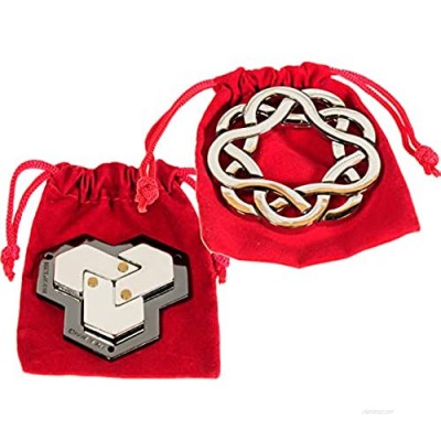 Hexagon & Coaster Hanayama Brain Teaser Puzzles  with RED Velveteen Drawstring Pouches - Bundled Items