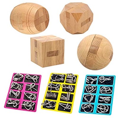 JYHF Brain Teasers Wooden and Metal Puzzles 28Pcs Unlock Interlock Game IQ Test Toy 3D Wooden and Metal for Kids Adults All Ages Challenge