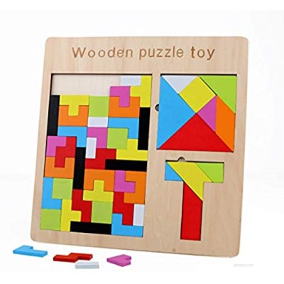 Montessori Toys 3 in 1 Wooden Tetris Puzzle Brain Teasers Toy Tangram Jigsaw Intelligence Colorful Wood 3D Russian Blocks Game for Children and Adults Colorful