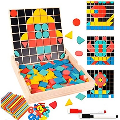 Mosaic Wooden Patterns Block Puzzles Toy - Geometric Manipulatives Shapes Puzzle Kindergarten Classic Educational Montesorri Tangrams Toys for Kids Ages 4-8 Jigsaw Puzzles Gifts