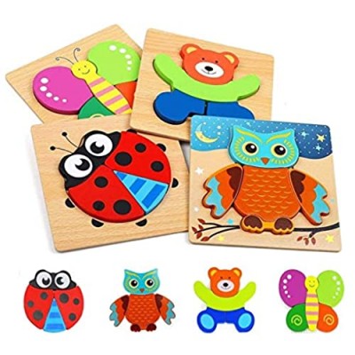 Wooden Animal Jigsaw Puzzles  Puzzles Toys with 4 Animals Patters for Toddlers 1 2 3 Years Old  Boys &Girls Educational Preschool Toys Gift with Bright Vibrant Colors