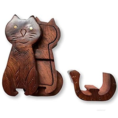 Culture Crafts Hand-Made Carved Puzzle Box Magic Box with Secret Compartments  Brown  Cat