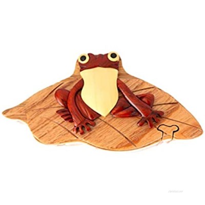 Frog Handcrafted Carved Wood Intarsia Puzzle Box