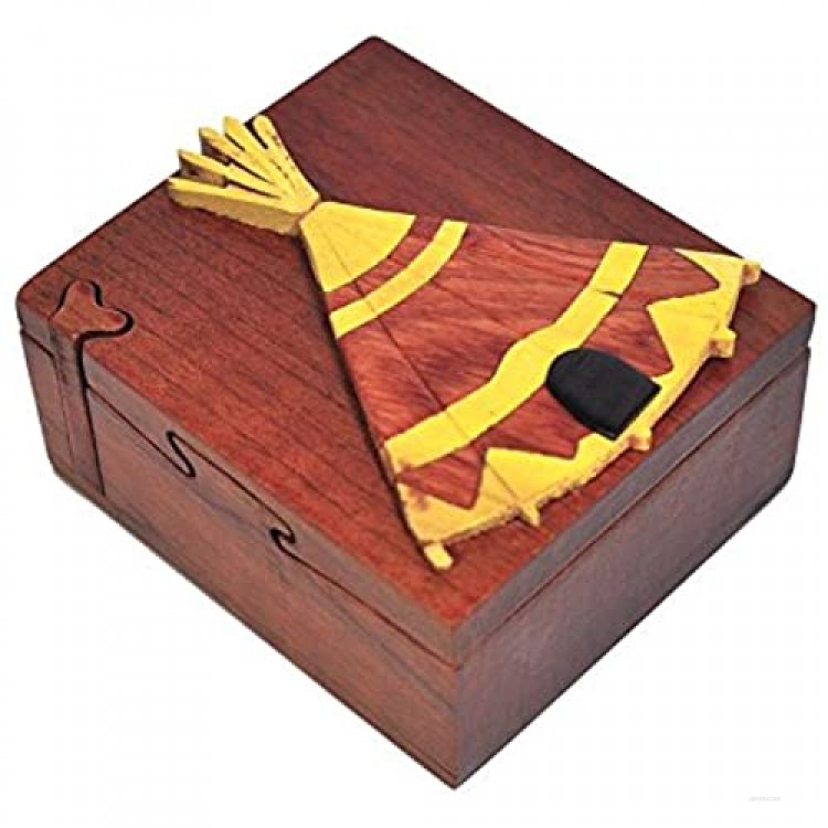 Handmade Wooden Art Intarsia TRICK SECRET teepee Jewelry Puzzle Trinket Box (4553) (g3)