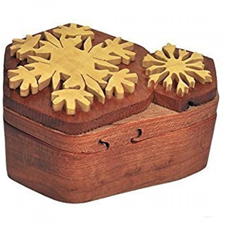 South Asia Trading Handmade Wooden Art Intarsia Trick Secret Snowflake 2 Winter Jewelry Puzzle Trinket Box (4473) (g3)