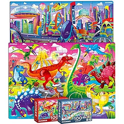 Floor Puzzles for Kids Ages 4-8 by Quokka – 2 Big 100 Pieces Jigsaw Puzzles for Toddlers 3-5 Years Old – Toys for Learning Dinosaurs - Gift for Boys and Girl Ages 6 8 10