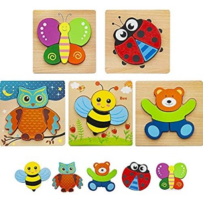HZONE Wooden Jigsaw Puzzles for Toddlers 1 2 3 Years Old  (5 Pack) Early Educational Toys Gift for Boys and Girls with 5 Animals Patterns  Bright Vibrant Color Shapes