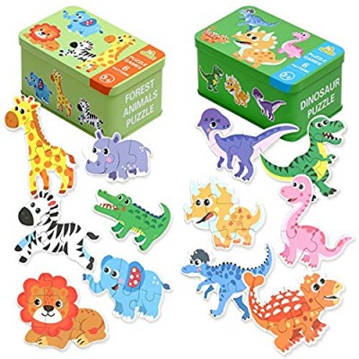 Jigsaw Puzzles for Toddlers 2 3 4Years Old with Storage Box  Beginner Puzzles for Preschool Kids Best Animal Learning Educational Toy-Dinosaurs  Giraffe  Elephant  Lion  etc  Great Gift for Girl & Boy