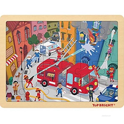 TOP BRIGHT 24 Piece Puzzles for Kids Ages 3-5 - Fire Rescue Wooden Jigsaw Puzzle with Storage Tray