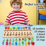 CozyBomB Wooden Number Puzzle Sorting Montessori Toys for Toddlers - Shape Sorter Counting Game for Age 3 4 5 Year olds Kids - Preschool Education Math Stacking Block Learning Wood Chunky Jigsaw