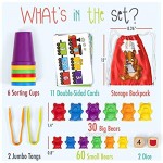 Kipipol Rainbow Counting Bears for Toddlers w Matching Sorting Cups – Number & Color Recognition Game -90 Bears 2 Tweezers 11 Activity Cards Backpack - Educational Toys for Pre-K & STEM Learning