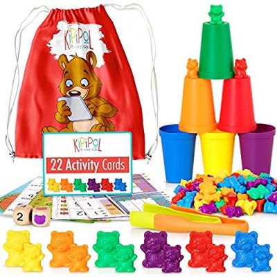Kipipol Rainbow Counting Bears for Toddlers w Matching Sorting Cups – Number & Color Recognition Game -90 Bears  2 Tweezers  11 Activity Cards  Backpack - Educational Toys for Pre-K & STEM Learning