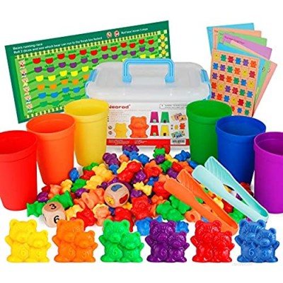 NEOROD Rainbow Counting Bears with Matching Sorting Cups  Number Color Recognition STEM Educational Toddler Preschool Math Manipulatives Toy Set of 90  2 Tweezers  2 Dices  12 Cards  Container