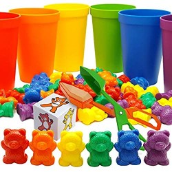 Skoolzy Rainbow Counting Bears with Matching Sorting Cups  Bear Counters and Dice Math Toddler Games 71pc Set - Bonus Scoop Tongs  Storage Bags…