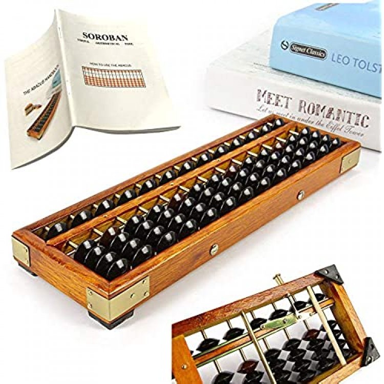 Vintage Style Wooden Abacus Soroban 13 Column(10.7 in)Math Professional Abacus for Adults Kids with Guide Handbook and Reset Button Anti-Skid Rubber Feet