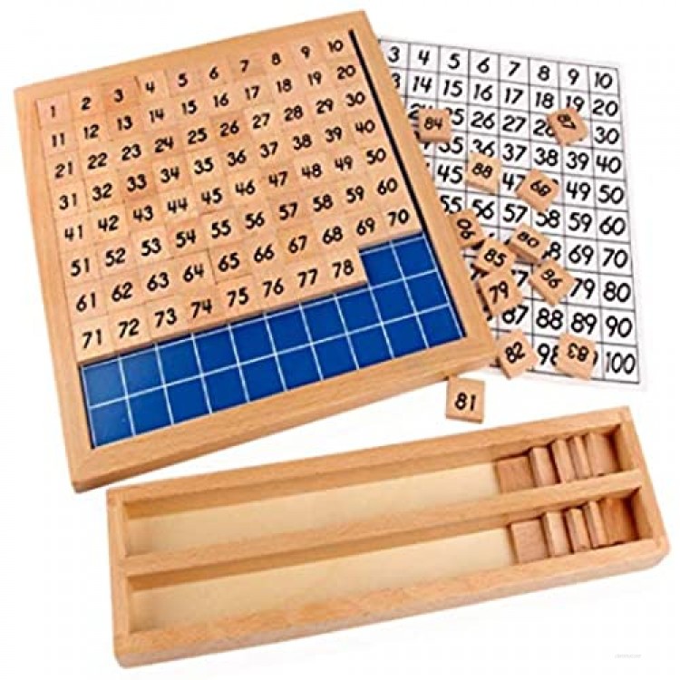 WINZIK Wooden Toys Hundred Board Montessori 1-100 Consecutive Numbers Educational Game for Kids with Storage Box