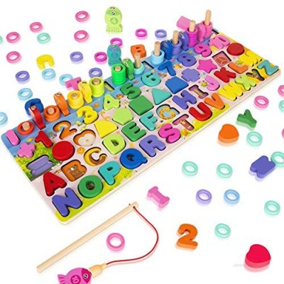Wooden Magnetic Puzzles for Toddlers  5-in-1 Color Alphabet Shape Number Sorting Fishing Game Toys  Educational Math Stacking Block Learning Jigsaw Board  Gift for 3-6 Year Old Boys and Girls