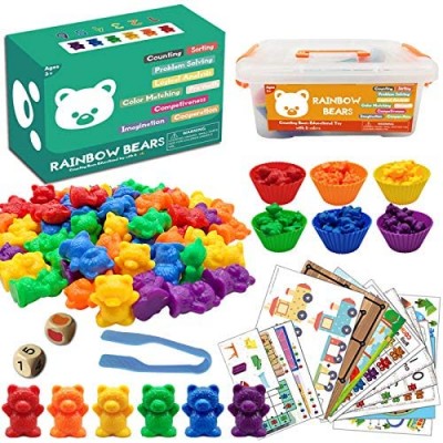 ZGWJ Counting Sorting Toys Rainbow Bears Learning Toys 60 Colored Bears with Matching Sorting Cups  Storage Container and Dice Math Toddler Games 84pc Set Educational Toys