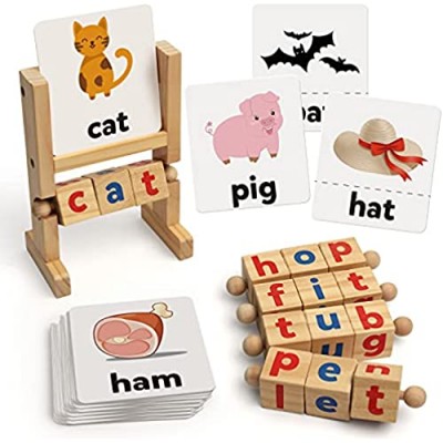 Coogam Wooden Reading Blocks Short Vowel Rods Spelling Games  Flash Cards Turning Rotating Letter Puzzle for Kids  Sight Words Montessori Spinning Alphabet Learning Toy for Preschool Boys Girls