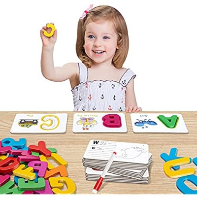 HahaGift Educational Flash Cards for Toddlers-Wooden Alphabet Puzzle ABC Sight Words Matching Game  with Erasable Pen to Practice Writing  Perfect for Preschool Activities