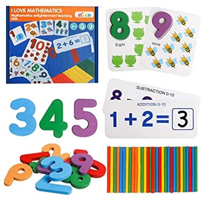 kizh Math Flash Cards Math Manipulatives Flash Cards Wooden Number Matching Puzzle Cards and Counting Sticks Basic Addition and Subtraction Learning Montessori STEM Games for Kids Toddlers Age 3+