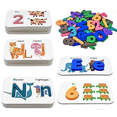 LiKee Alphabet Number Flash Cards Wooden Letter Puzzle ABC Sight Words Match Games Animal Counting Board Preschool Educational Montessori Toys for Toddlers Boys Girls 3+ Years (36 Cards& 63 Blocks)