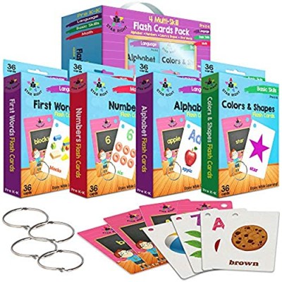 Star Right Flash Cards Set of 4 - Numbers  Alphabets  First Words  Colors & Shapes - Value Pack Flash Cards with Rings for Pre K - K