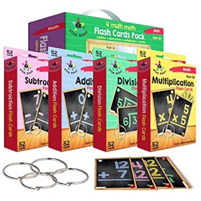 Star Right Multi Math Flashcards Pack - Addition  Subtraction  Multiplication  & Division - 1 Ring and 52 Hole Punched Cards Per Set - 208 Cards Total