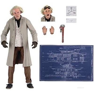 NECA Back to The Future Doc Brown Action Figure [Ultimate Version  Wrench  Flux Capacitor Drawing & Blueprint]