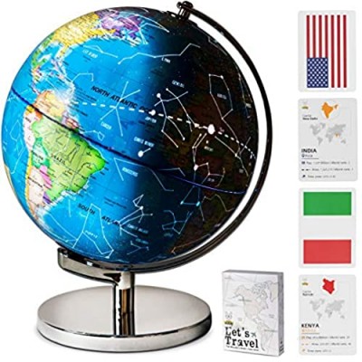 12" Tall Illuminated Educational Kids World Globe + STEM Flags & Countries Interactive Card Game. 3 in 1 Children Desktop Spinning Earth Political & Constellation Maps  LED Night Light Lamp with Stand