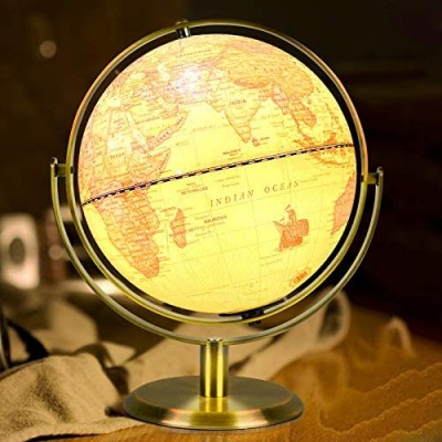 Globes of The World with Stand for Kids 8 Inchs Retro Illuminated Full 720°Rotation World Globe Night Light Built-in LED Decor Interactive Educational Learning Toys for Cafe Home and Office Decoration
