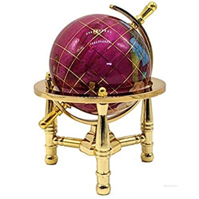 Unique Art 6-Inch Tall Pink Rubilite Pearl Swirl Ocean Mini Table Top Gemstone World Globe with Gold Tripod