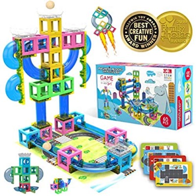 Hippococo Magnetic 3D Building Blocks with Marble Run Game: New Innovative STEM Educational Toy for Boys/Girls  Durable  Sturdy & Safe Construction Set  Promote Kids Creativity & Imagination (60 PCS)