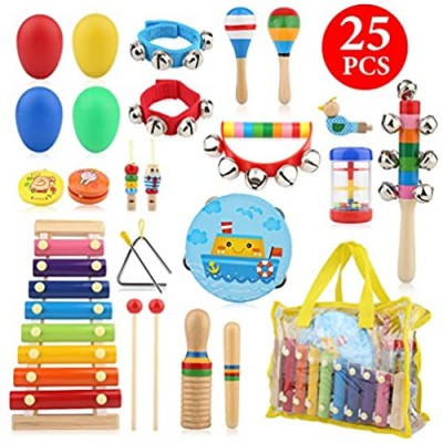 Bukm Kids Musical Instruments  Musical Toys for Toddlers  25 Pcs Wooden Musical Percussion Instruments  Preschool Educational Learning Tambourine Xylophone Toys for Toddlers Kids Children with Storage