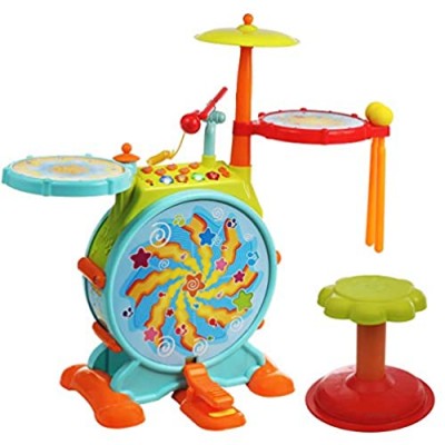 IQ Toys Toddler Drum Set - My First Musical Electric Toy Drum Set for Little Kids with Microphone  2 Drum Sticks  Chair  and Music  Lights  Adjustable Sound for Boys and Girls