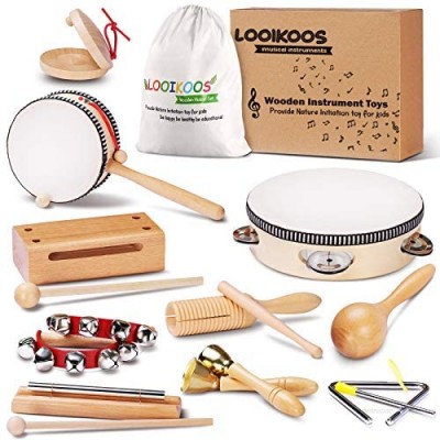 LOOIKOOS Toddler Musical Instruments Natural Wooden Percussion Instruments Toy for Kids Preschool Educational  Musical Toys Set for Boys and Girls with Storage Bag