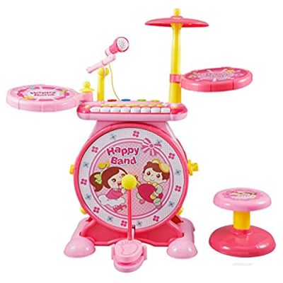 Reditmo Toddlers Toy Drum Set for Kids  with Mini Piano Keyboard  Microphone  Drum Sticks  Solid Stool  Cultivating Musical Talent  for 3-6 Years Old Baby  Children  Pink