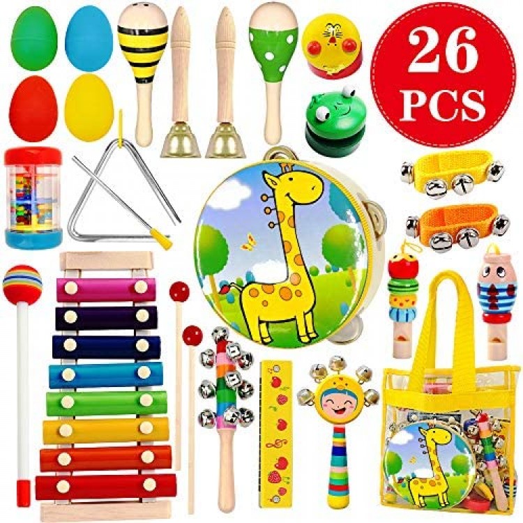 ToyerBee Musical Instruments Toys Set for Kids 26 PCS Wooden Percussion Instruments for Toddlers Preschool& Educational Music Toy with Storage Bag for Children Animal Tambourine Maracas&More