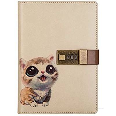 Crafted Notebook with Combination Lock Secret Diary Writing PU Leather Cute Animal Journal Notepad with Pen Holder for Girl and Boy Christmas or Valentine's Gift Refillable A5 112 Sheets (Cat)