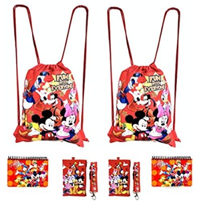 Disney Mickey and Minnie Mouse Drawstring Backpacks Plus Lanyards with Detachable Coin Purse and Autograph Books (Set of 6) (Red - Red)