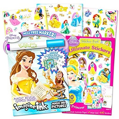 Disney Princess Imagine Ink Book and Sticker Book Set (Bundle Includes 2 Books and Mess Free Marker)