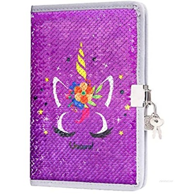 FUMOXING Unicorn Diary with Lock and Keys for Girls  Magic Reversible Sequin Journal Secret Travel Notebook for Kids (Purple)