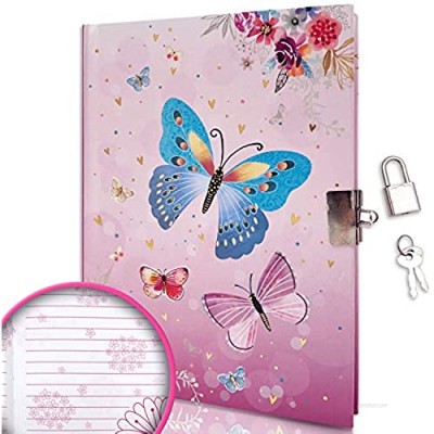 GINMLYDA Kids Diary with Lock for Girls  7x5.3 Inch 160 Pages Girls Notebook for Writing Drawing (Butterfly)