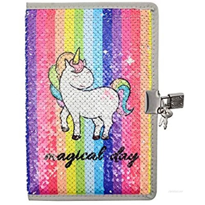 HOMUS Magical Day Rainbow Unicorn Sequin Notebook Diary with Lock and Key  Exquisite Pattern  Funny Reversible Sequins  Fit to Birthday Gift for Litter Girls